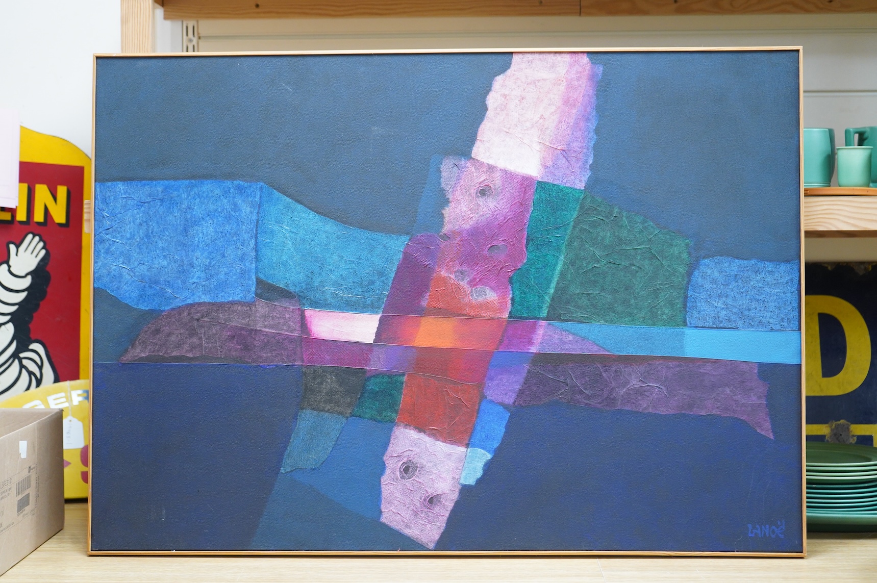 Pierre Lanoe, Abstract composition, signed, mixed media and acrylic on canvas, 65 x 92cm